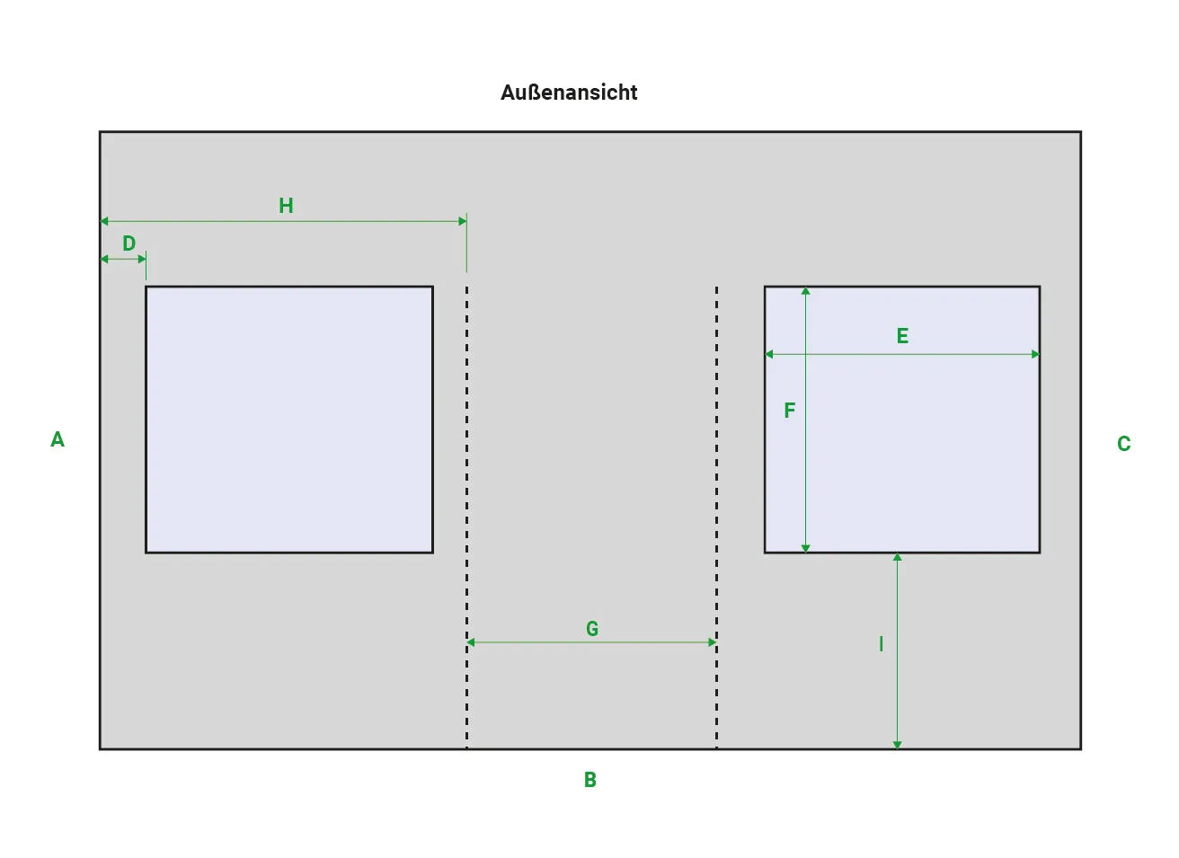 1 Tür 2 Fenster, Tür Mitte, je 1 Fenster links und rechts